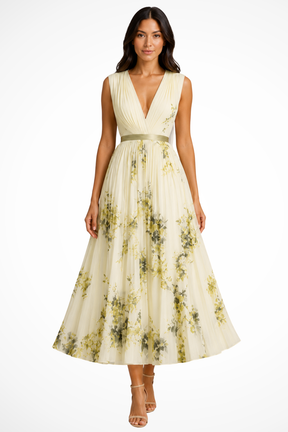 Robe midi fleurie femme jupe évasée élégante imprimés botaniques col V sans manches