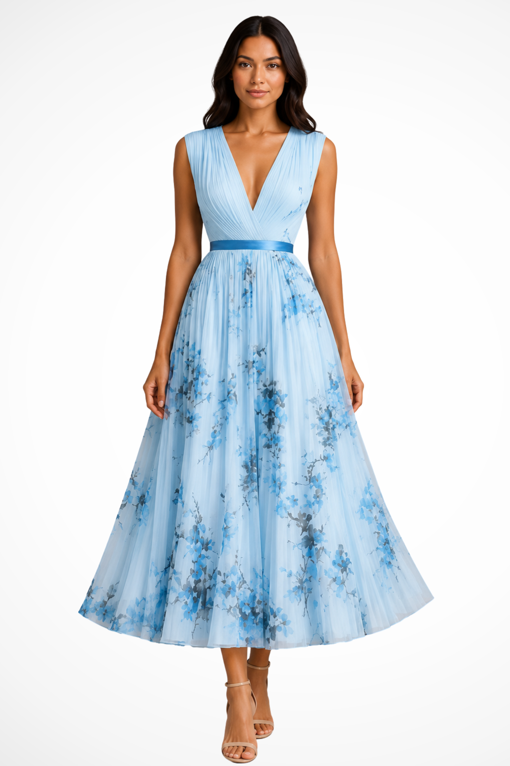 Robe midi fleurie femme jupe évasée élégante imprimés botaniques col V sans manches