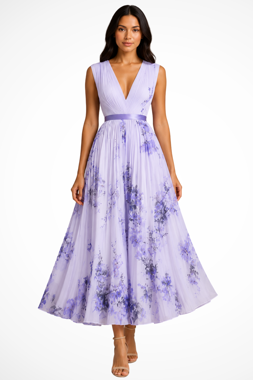 Robe midi fleurie femme jupe évasée élégante imprimés botaniques col V sans manches