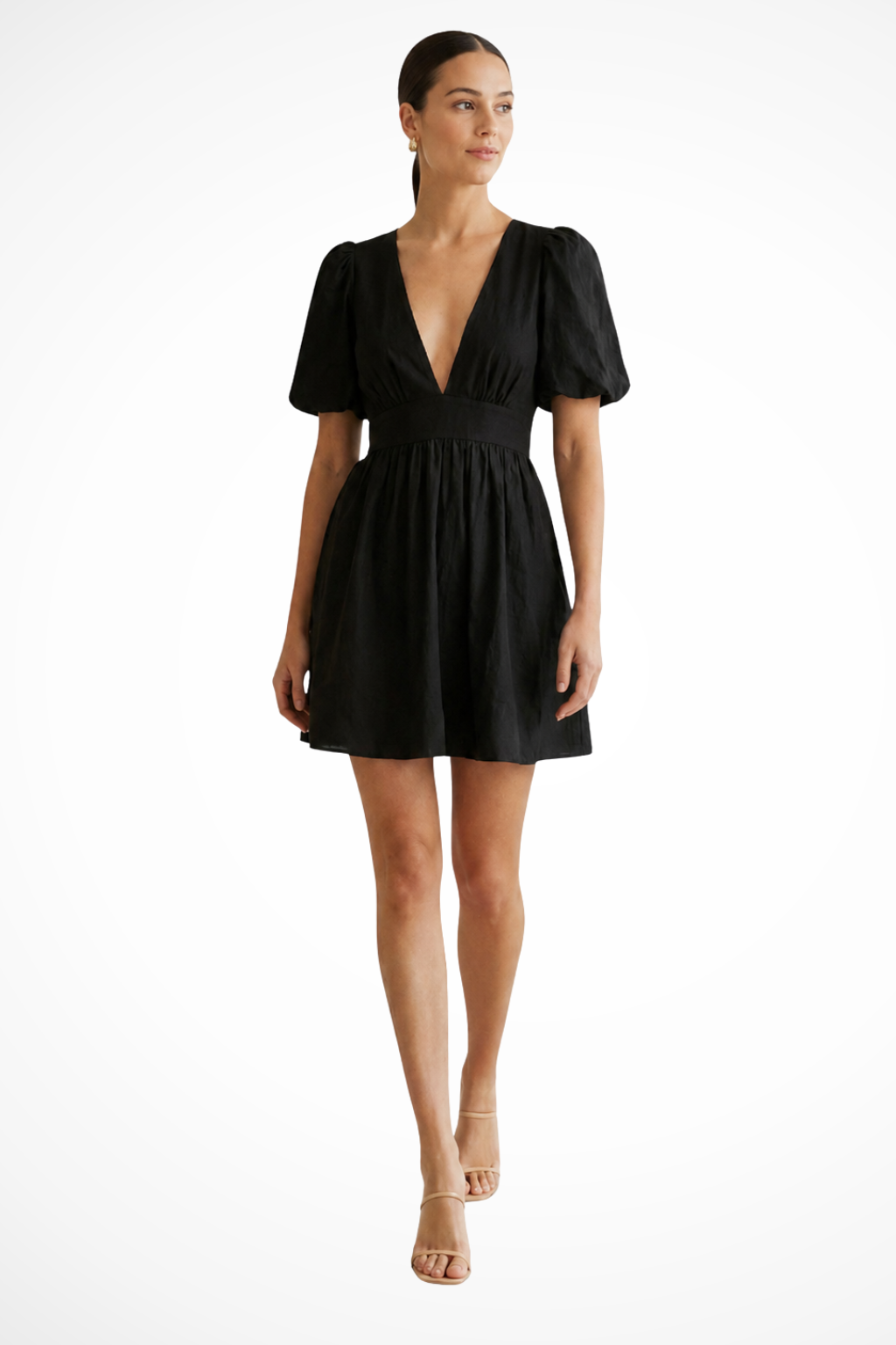 Robe mini manches bouffantes femme jupe évasée col V style féminin et festif