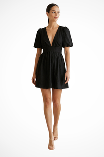 Robe mini manches bouffantes femme jupe évasée col V style féminin et festif