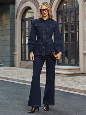 Veste en Denim pour Femme - Couture Contrastée et Confort Élastique