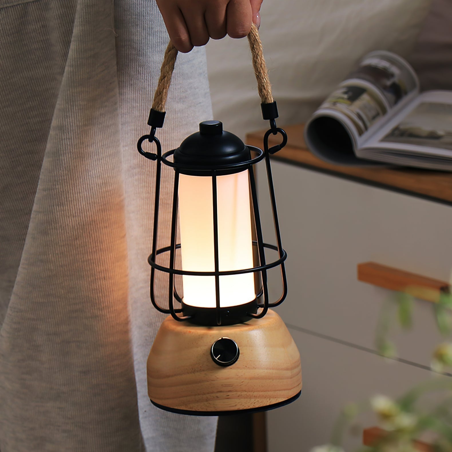 Lampe de Table Extérieure en Corde - Ambiance Rustique et Éclairage Doux