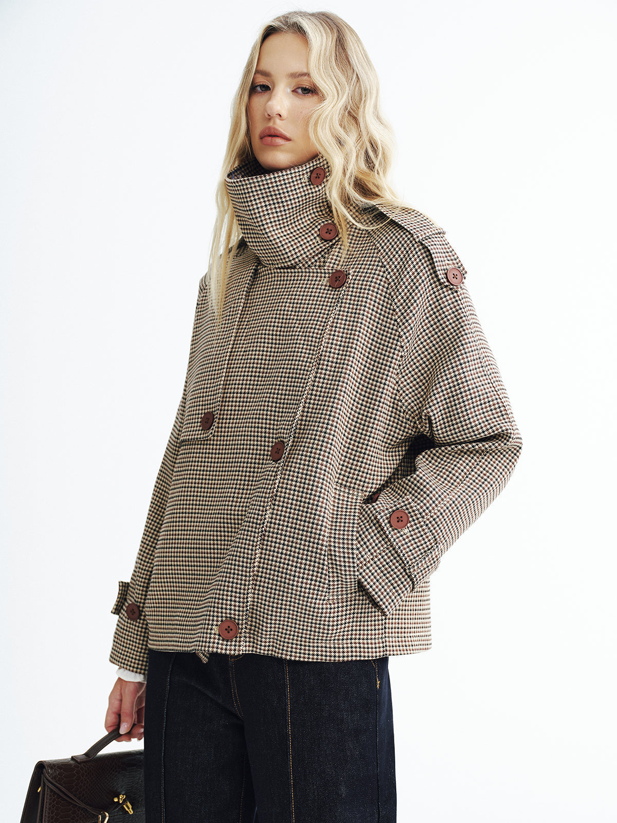 Manteau Trench Court à Carreaux - Tissu Tissé et Manches Longues