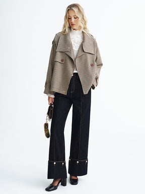Manteau Trench Court à Carreaux - Tissu Tissé et Manches Longues