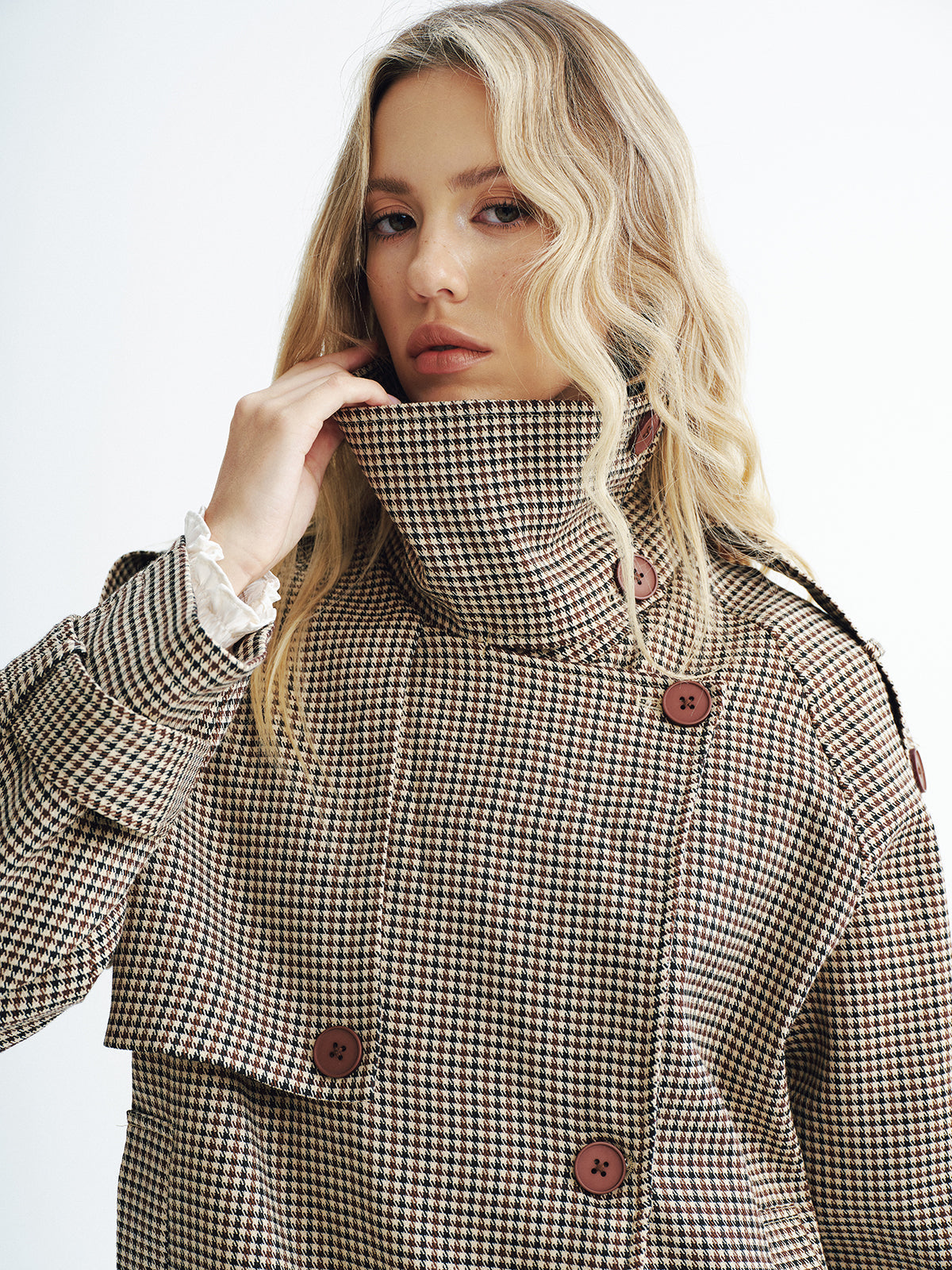 Manteau Trench Court à Carreaux - Tissu Tissé et Manches Longues