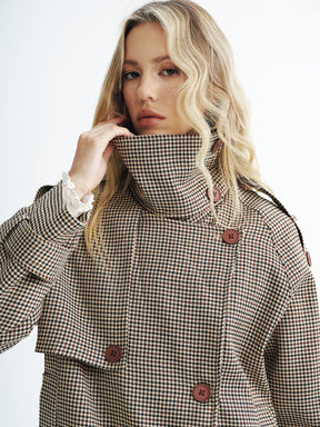 Manteau Trench Court à Carreaux - Tissu Tissé et Manches Longues