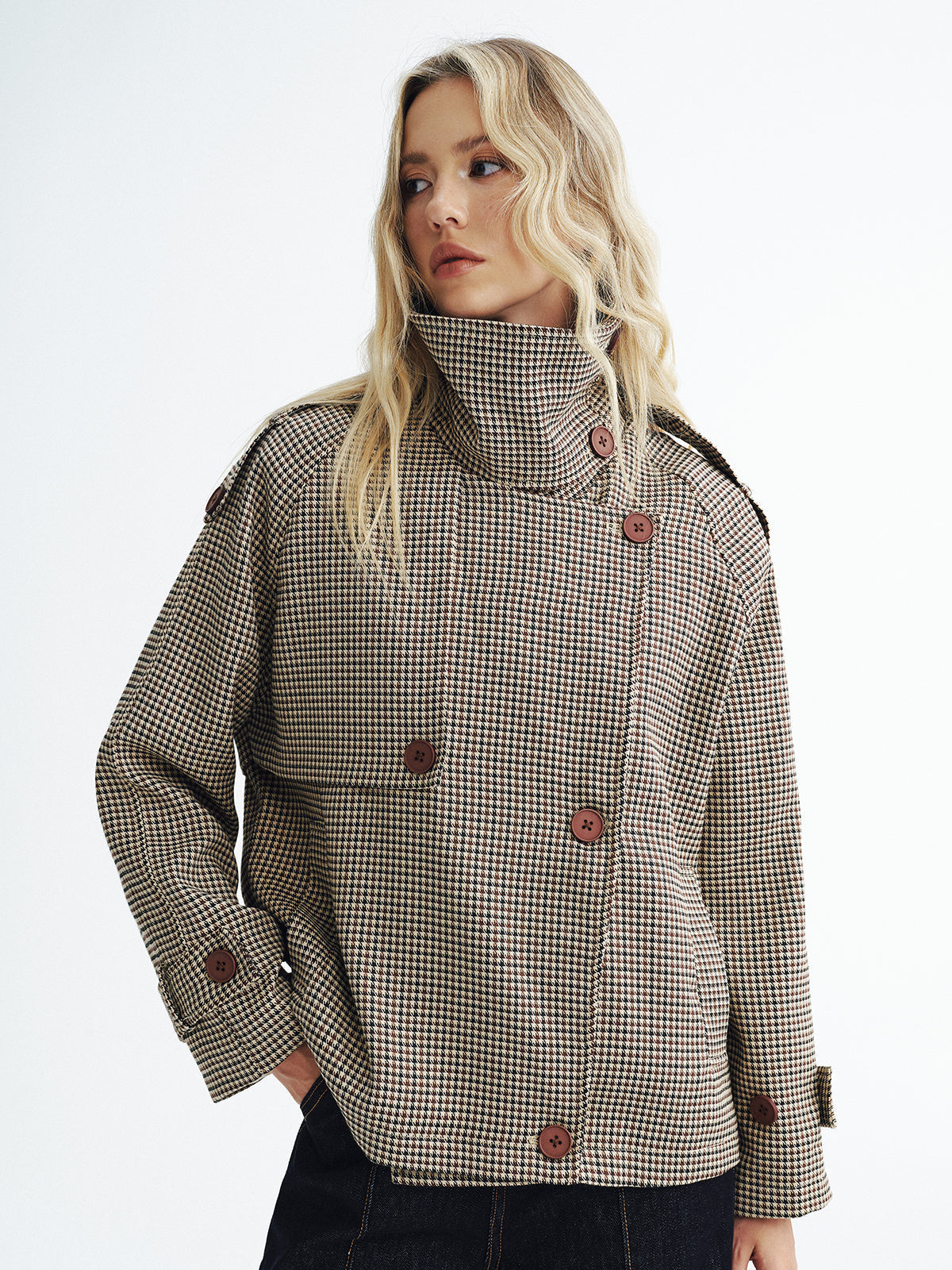 Manteau Trench Court à Carreaux - Tissu Tissé et Manches Longues