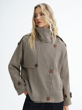 Manteau Trench Court à Carreaux - Tissu Tissé et Manches Longues