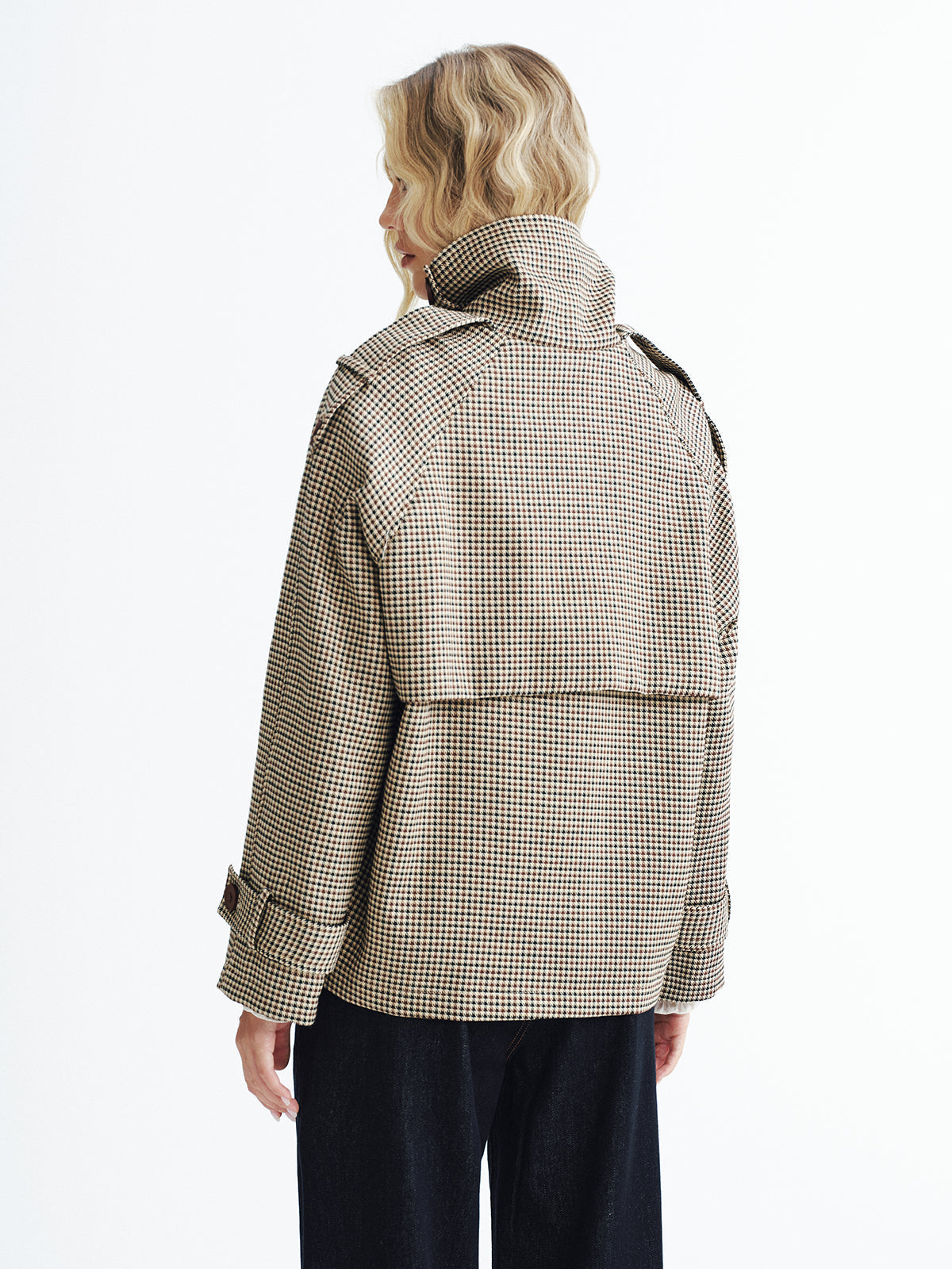 Manteau Trench Court à Carreaux - Tissu Tissé et Manches Longues