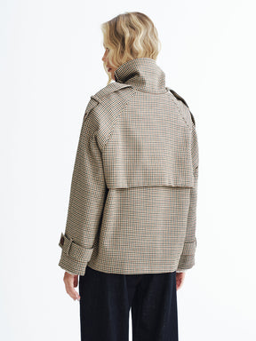 Manteau Trench Court à Carreaux - Tissu Tissé et Manches Longues