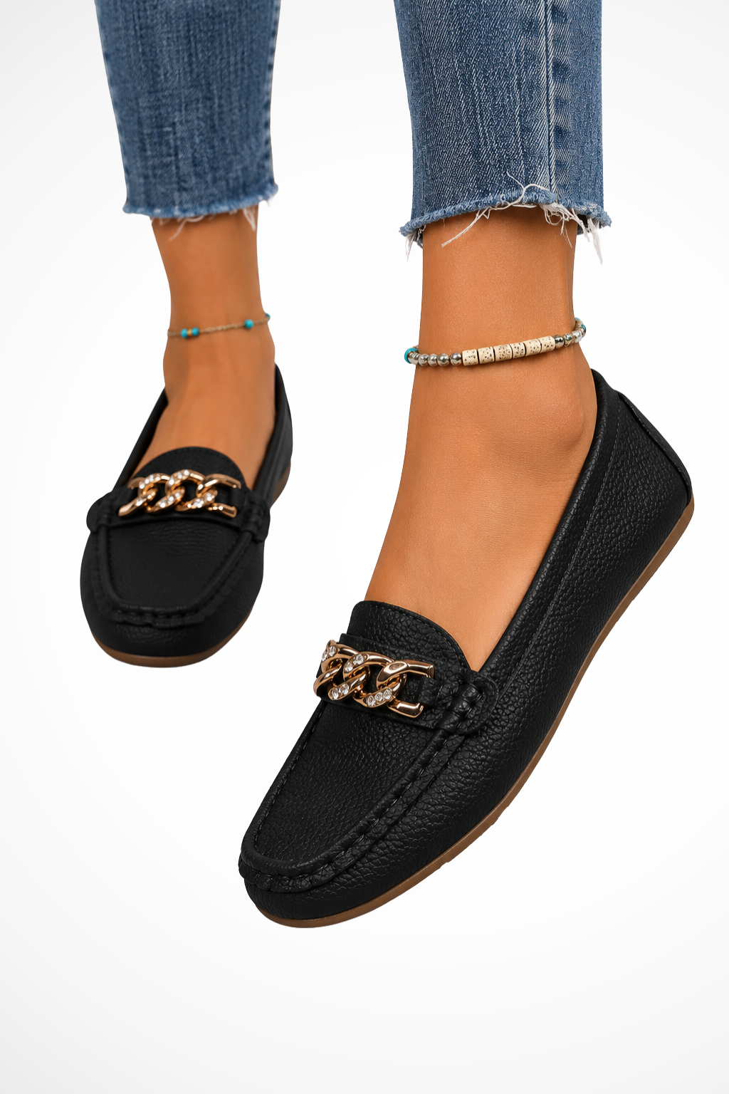 Mocassins mules rembourrés femme à enfiler avec chaîne dorée décorative