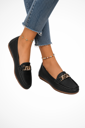 Mocassins mules rembourrés femme à enfiler avec chaîne dorée décorative