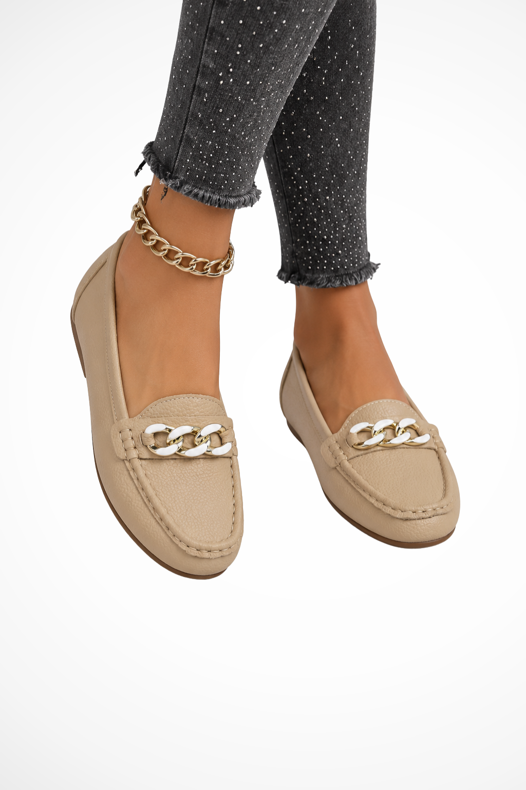 Mocassins mules rembourrés femme à enfiler avec chaîne dorée décorative