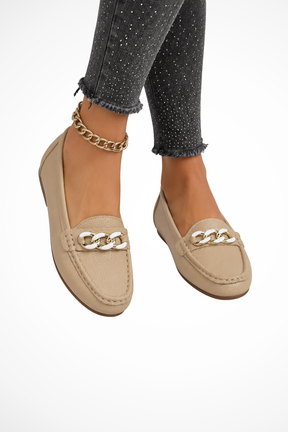 Mocassins mules rembourrés femme à enfiler avec chaîne dorée décorative