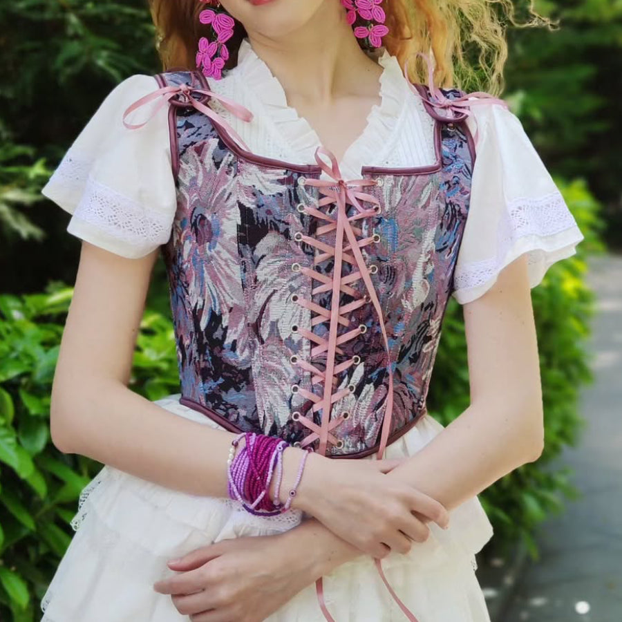 Corset Vintage à Motif Jacquard - Look Cottagecore avec Bretelles Avant