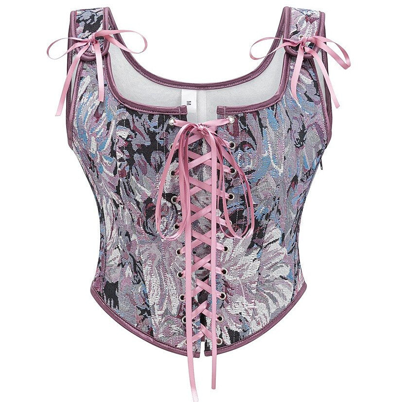 Corset Vintage à Motif Jacquard - Look Cottagecore avec Bretelles Avant