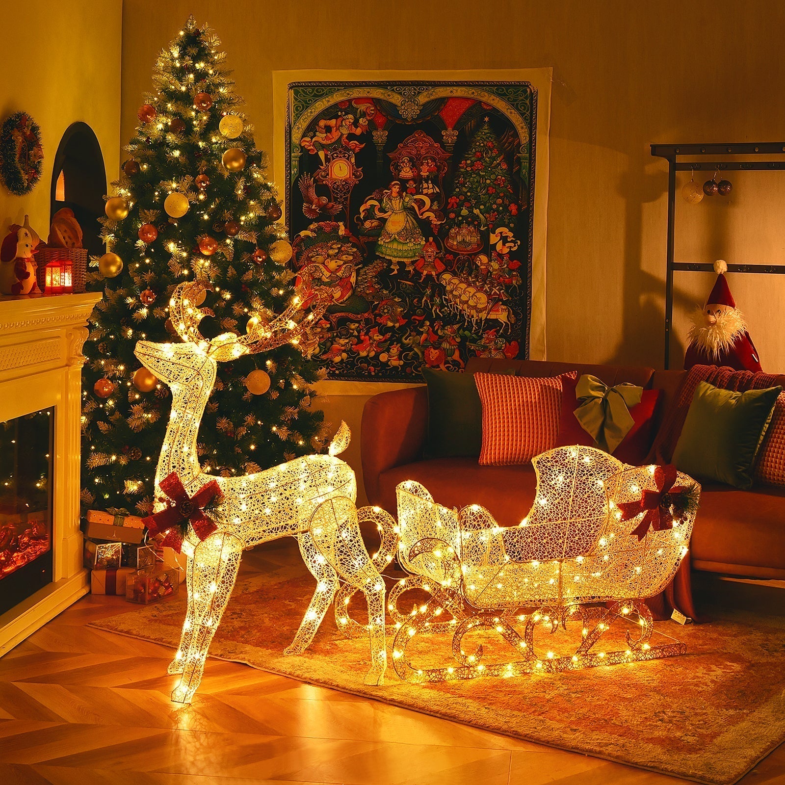 Renne de Noël Illuminé avec Traîneau - 215 Lumières LED pour Décor Festif