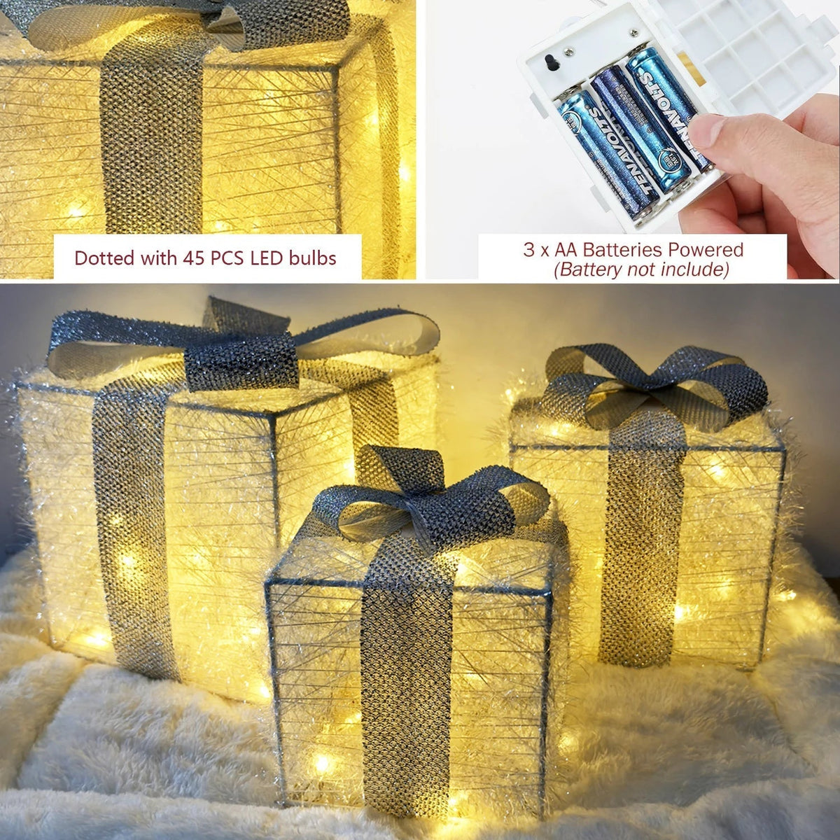 Boîtes Cadeaux LED Éclairées - Ensemble de 3 Décorations Festives
