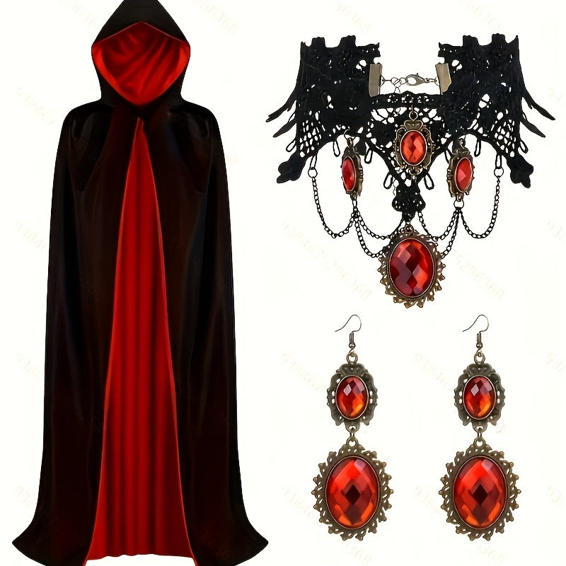 Costume Halloween Gothique avec Cape - Ensemble Élégant et Accessoires Bijoux