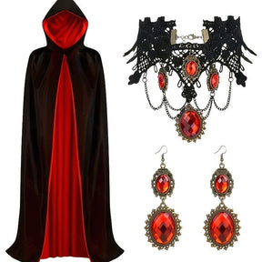 Costume Halloween Gothique avec Cape - Ensemble Élégant et Accessoires Bijoux