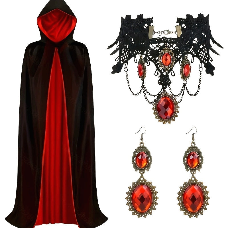 Costume Halloween Gothique avec Cape - Ensemble Élégant et Accessoires Bijoux
