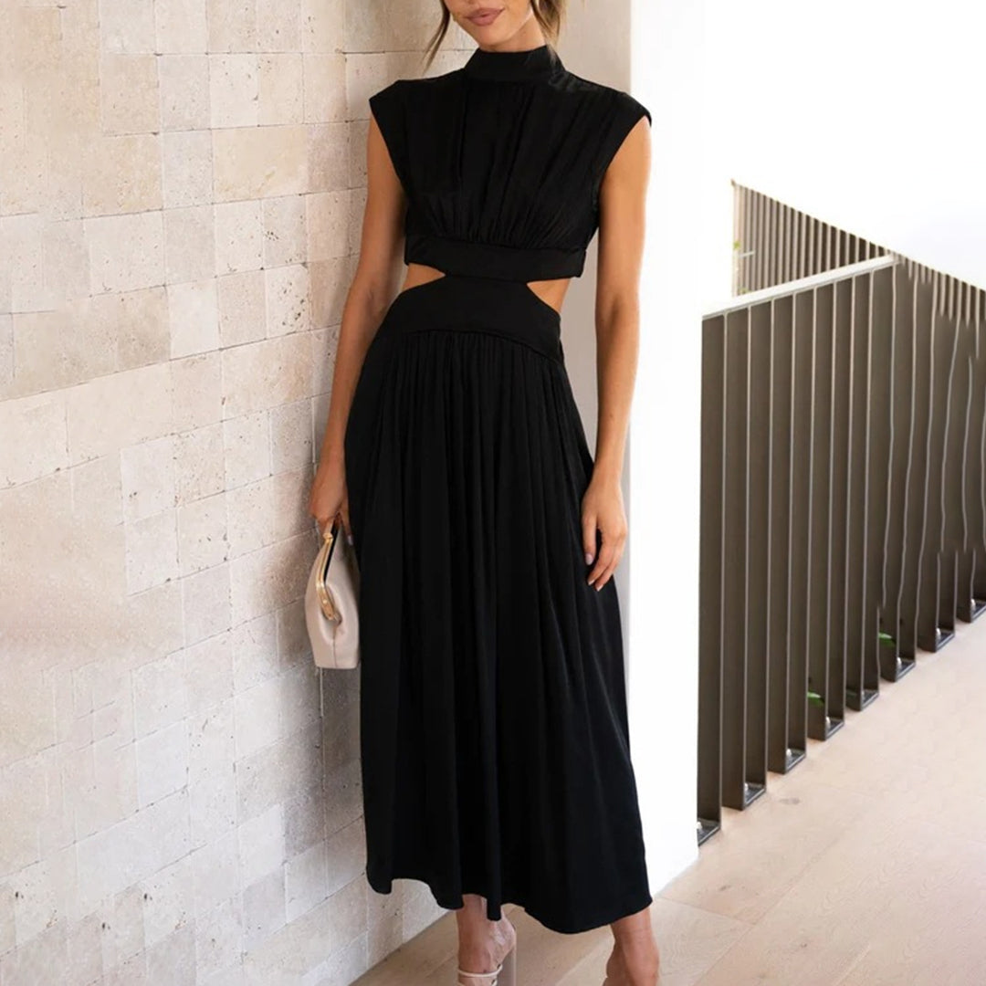 Robe d'Été en Polyester pour Femmes - Élégante à Manches Courtes et Col Montant