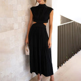 Robe d'Été en Polyester pour Femmes - Élégante à Manches Courtes et Col Montant