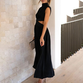 Robe d'Été en Polyester pour Femmes - Élégante à Manches Courtes et Col Montant