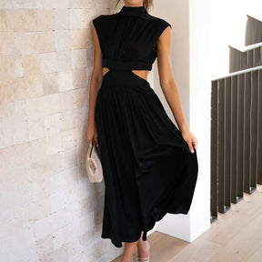 Robe d'Été en Polyester pour Femmes - Élégante à Manches Courtes et Col Montant