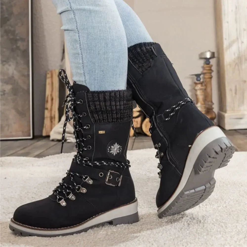 Bottes d'Hiver à Lacets pour Femmes - Bord Tricoté et Semelle Antidérapante