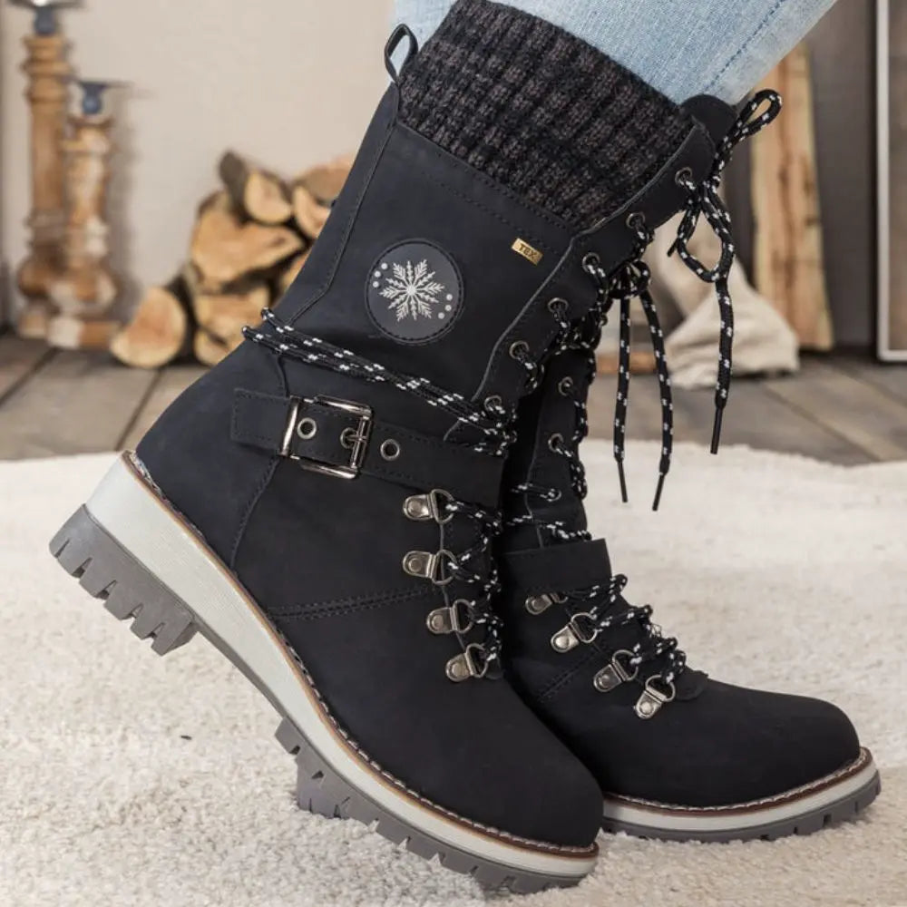 Bottes d'Hiver à Lacets pour Femmes - Bord Tricoté et Semelle Antidérapante