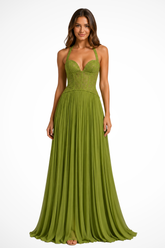 Robe maxi corset col licou fronces vert olive élégante pour mariage et soirée