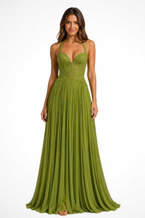 Robe maxi corset col licou fronces vert olive élégante pour mariage et soirée