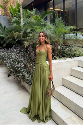 Robe maxi corset col licou fronces vert olive élégante pour mariage et soirée
