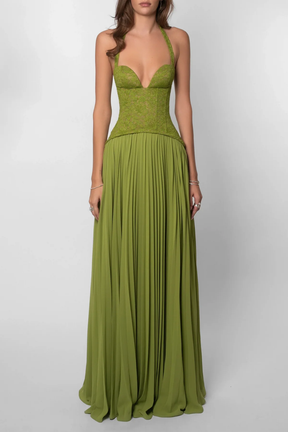 Robe maxi corset col licou fronces vert olive élégante pour mariage et soirée