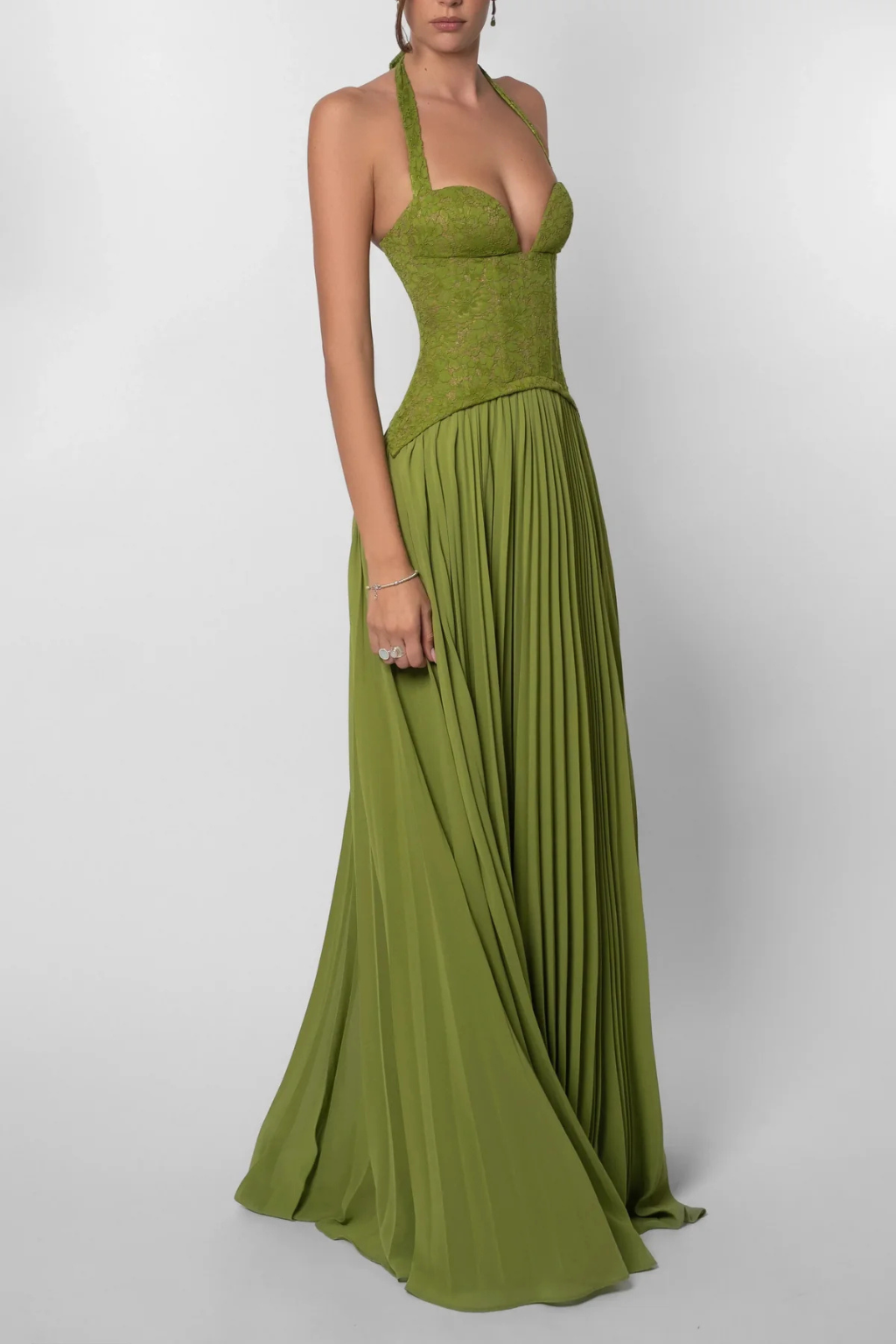 Robe maxi corset col licou fronces vert olive élégante pour mariage et soirée