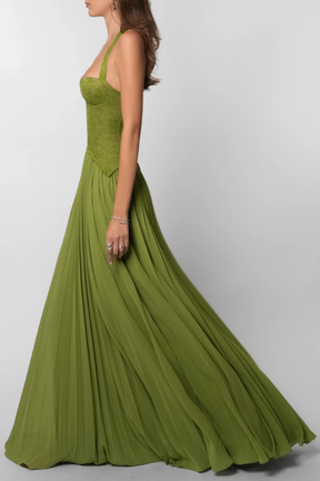 Robe maxi corset col licou fronces vert olive élégante pour mariage et soirée