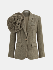 Blazer en Tweed à Bouton Unique - Fleurs 3D Artistiques et Élégantes