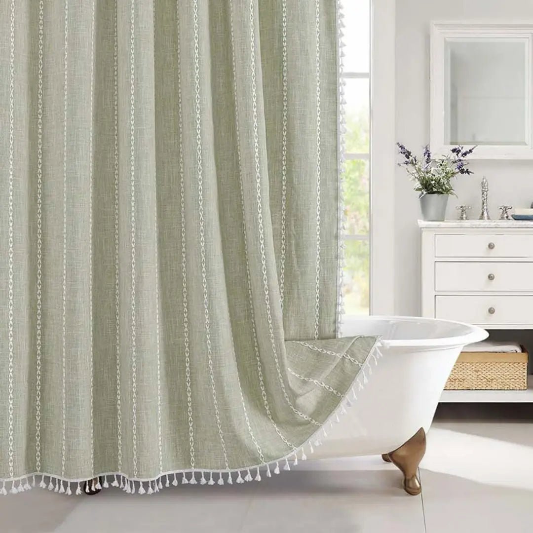 Rideau de Douche en Lin Bohème | Élégant et Imperméable avec Franges