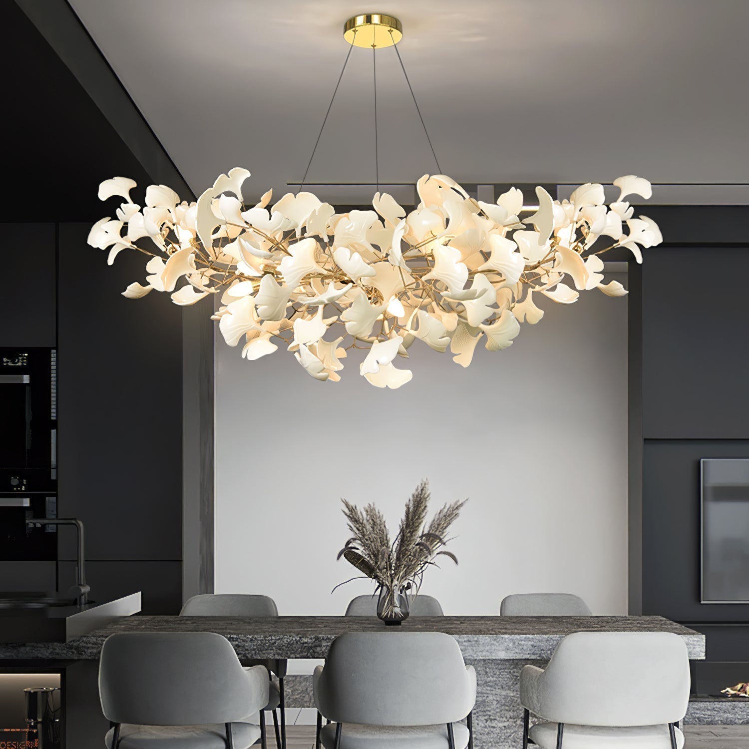 Lustre Ginkgo Contemporain en Verre - Éclairage LED Élégant et Réglable