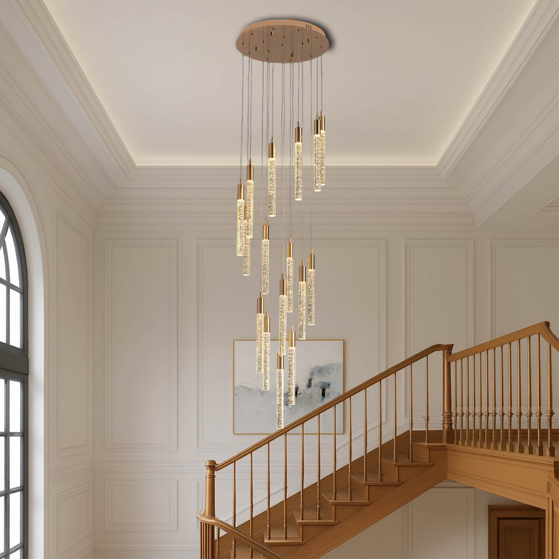 Lustre en Acrylique Doré - Élégance Contemporaine pour Escalier