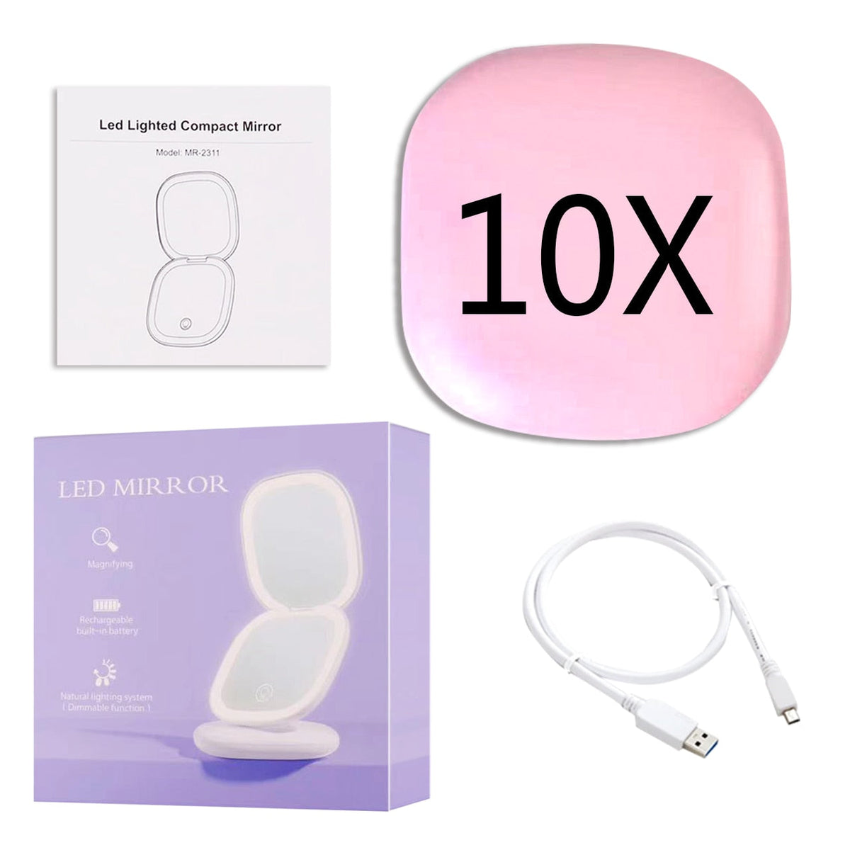 Miroir de Maquillage LED Compact - Double Magnification et Éclairage Réglable