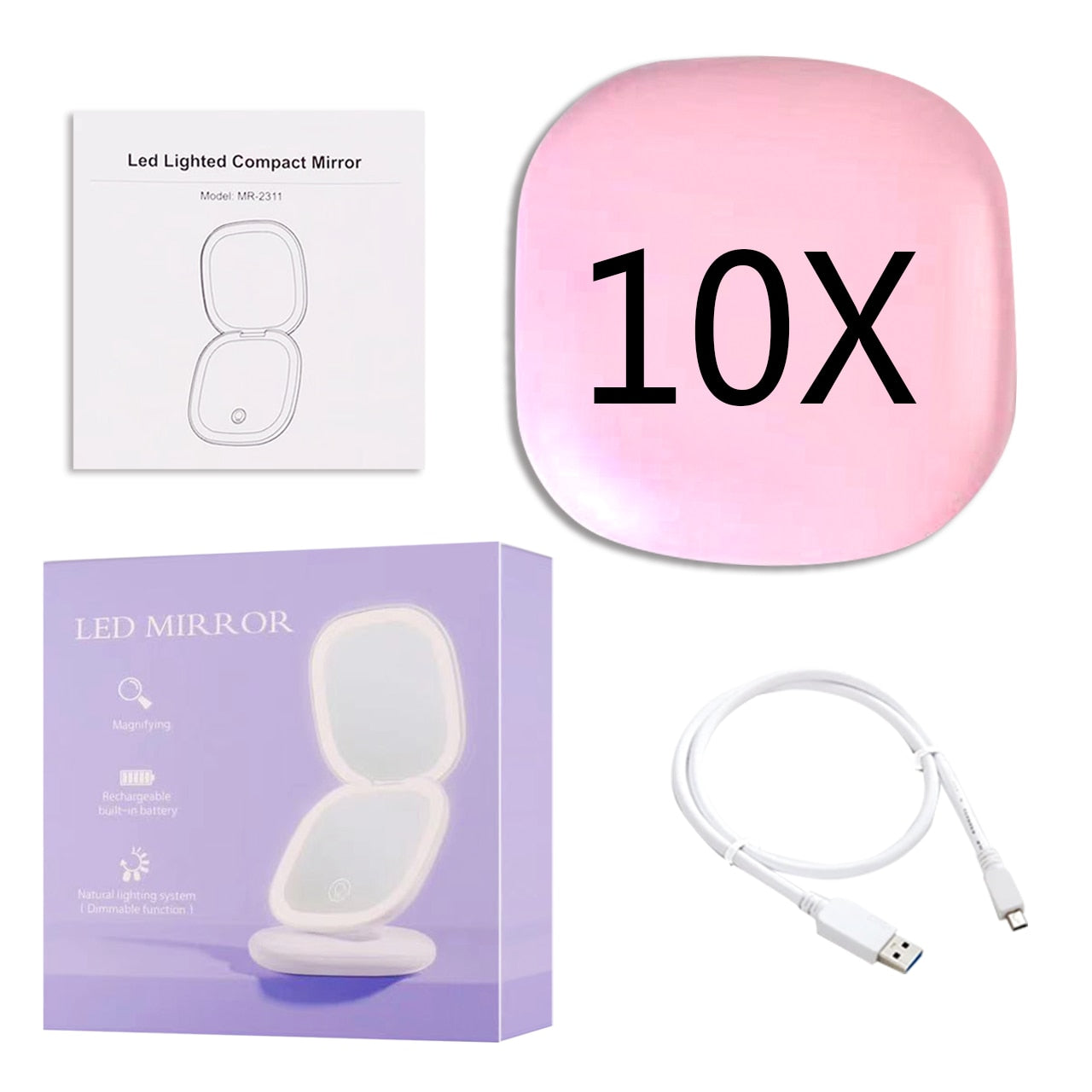 Miroir de Maquillage LED Compact - Double Magnification et Éclairage Réglable