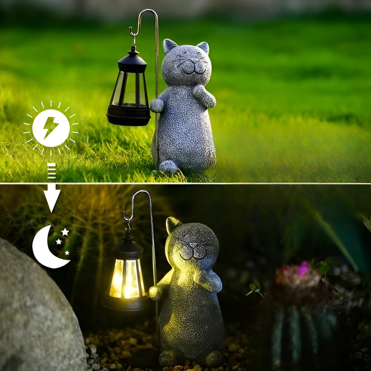 Statue de Chat Solaire - Décor Extérieur Peint à la Main