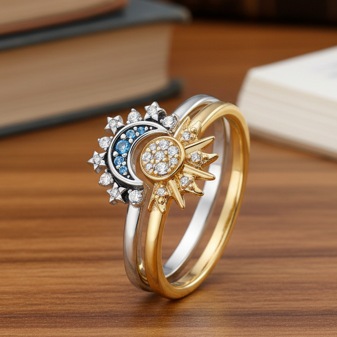 Bague en Argent avec Cristal | Design Élégant de Lune et de Soleil