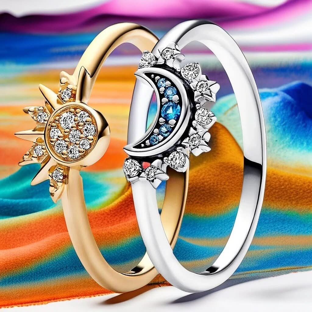 Bague en Argent avec Cristal | Design Élégant de Lune et de Soleil
