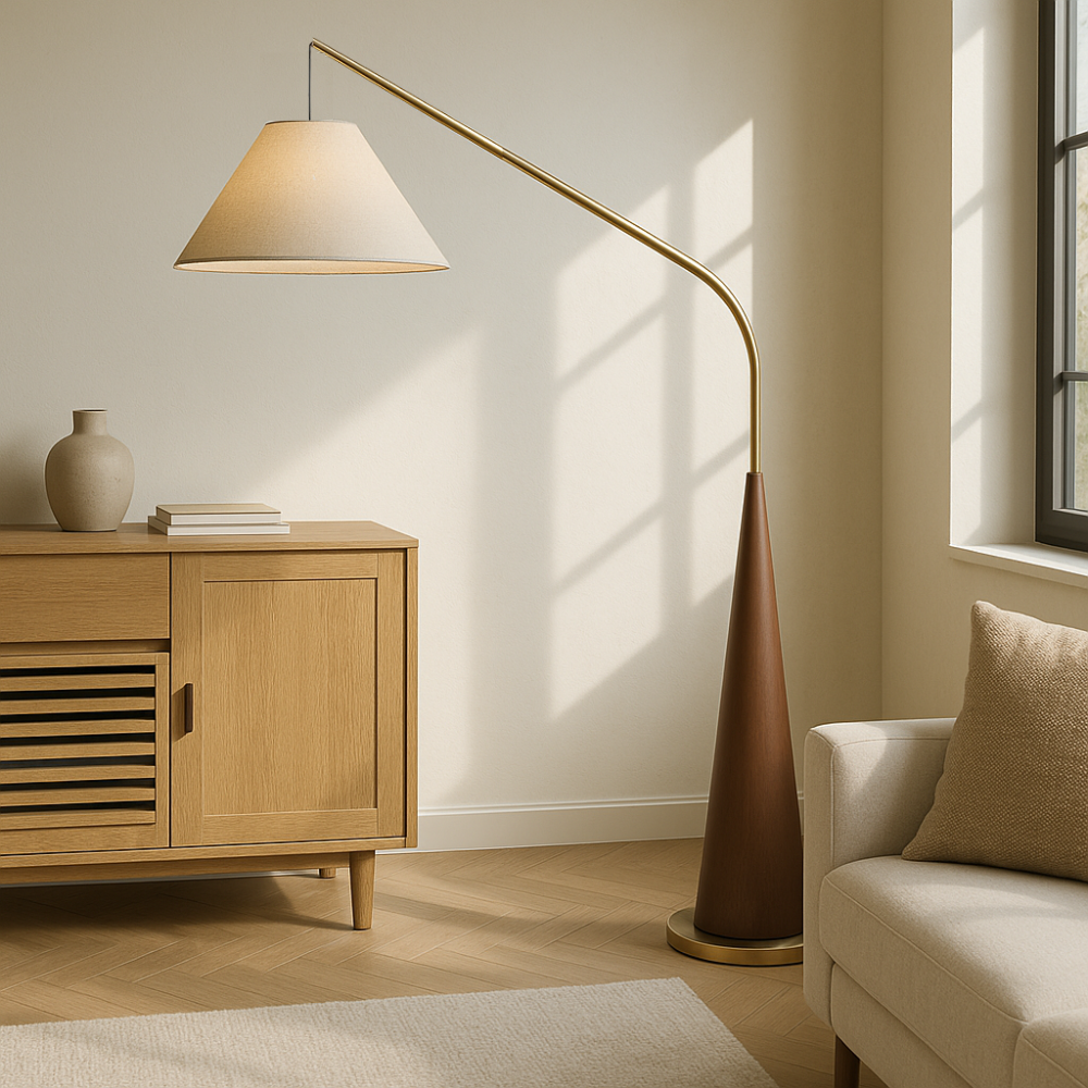 Lampe sur Pied en Bois Vintage - Design Arc Élégant et Accueillant