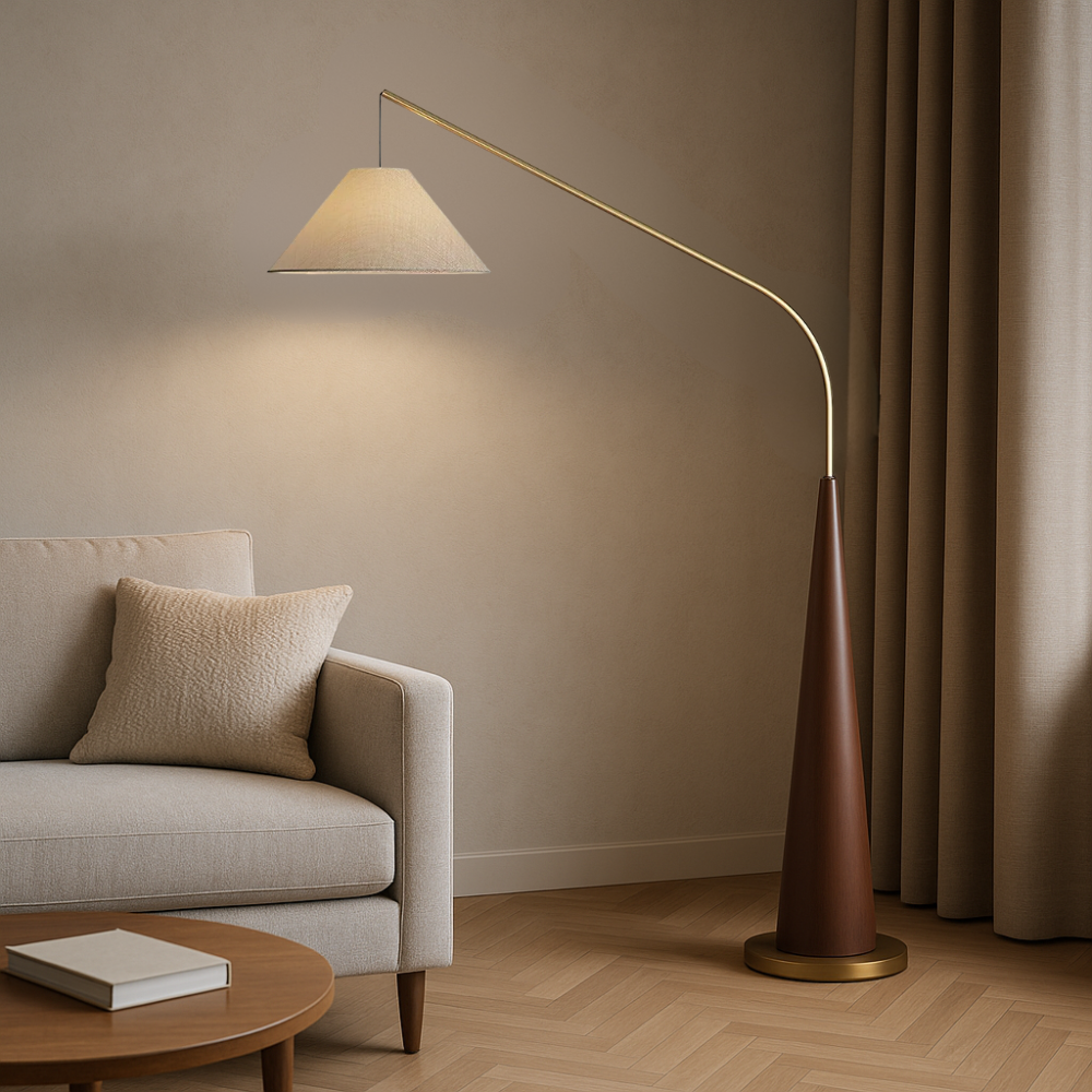 Lampe sur Pied en Bois Vintage - Design Arc Élégant et Accueillant