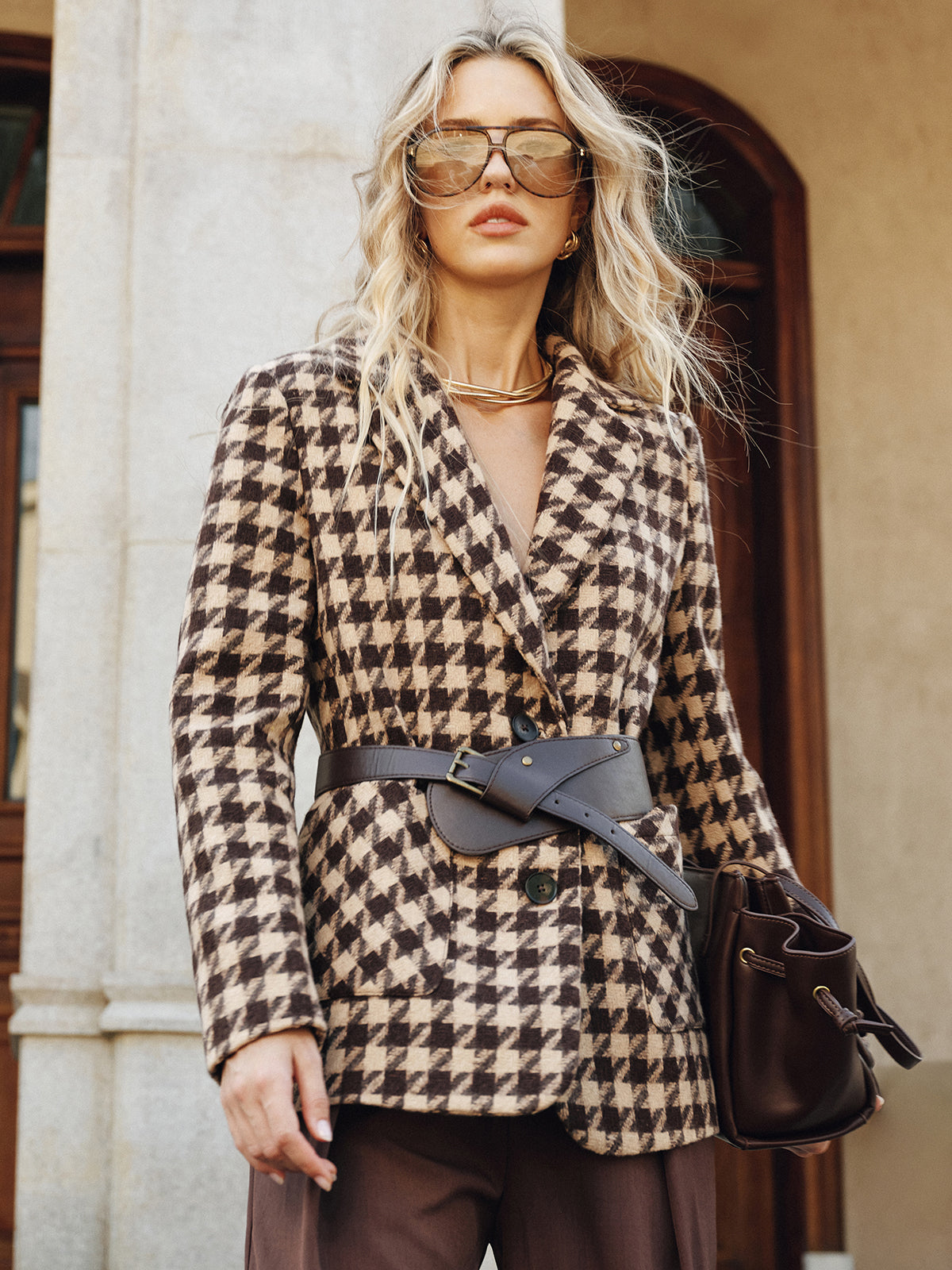 Blazer Ceinturé en Vichy Classique - Tissu Chaud et Ajustement Régulier